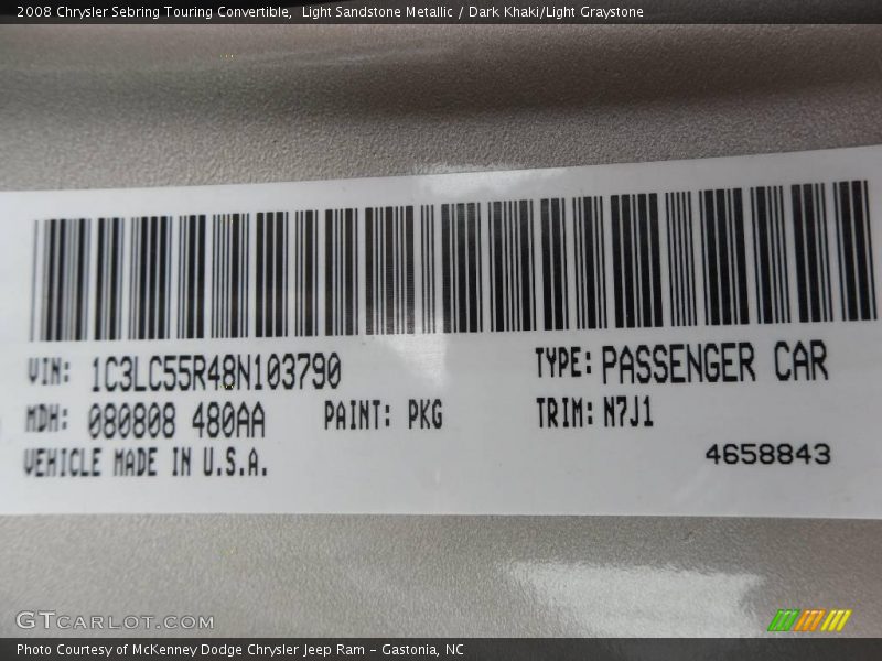 Light Sandstone Metallic / Dark Khaki/Light Graystone 2008 Chrysler Sebring Touring Convertible