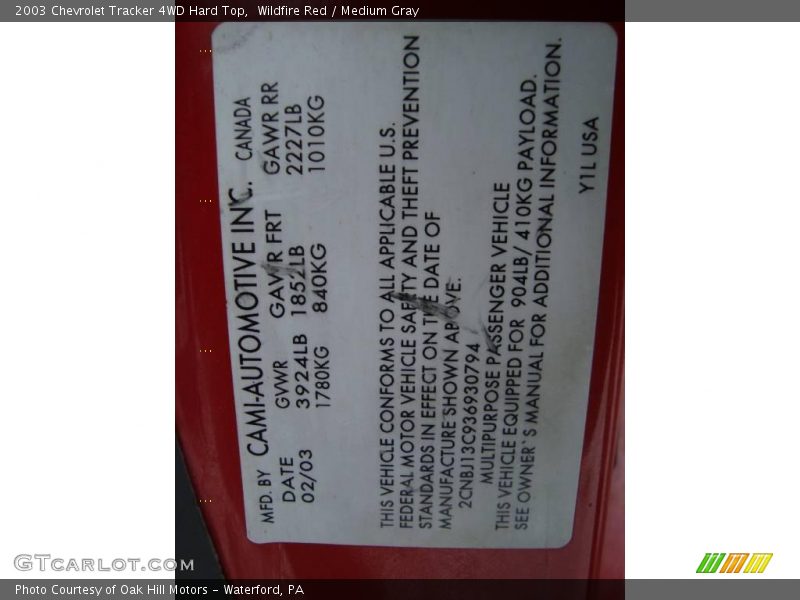 Wildfire Red / Medium Gray 2003 Chevrolet Tracker 4WD Hard Top