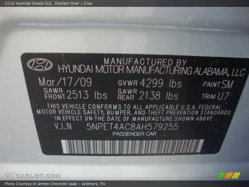 Radiant Silver / Gray 2010 Hyundai Sonata GLS