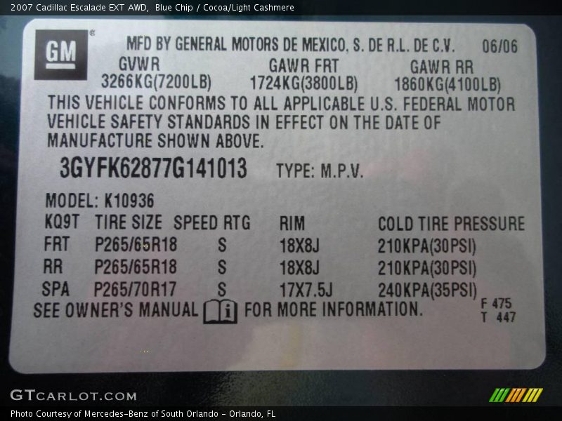 Blue Chip / Cocoa/Light Cashmere 2007 Cadillac Escalade EXT AWD