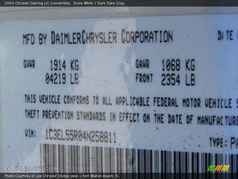 Stone White / Dark Slate Gray 2004 Chrysler Sebring LXi Convertible