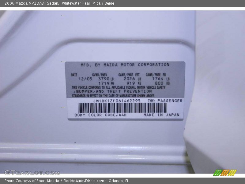 Whitewater Pearl Mica / Beige 2006 Mazda MAZDA3 i Sedan