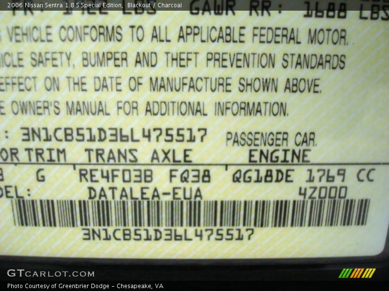 Blackout / Charcoal 2006 Nissan Sentra 1.8 S Special Edition