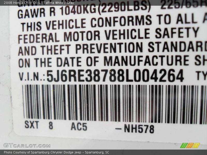 Taffeta White / Gray 2008 Honda CR-V EX-L