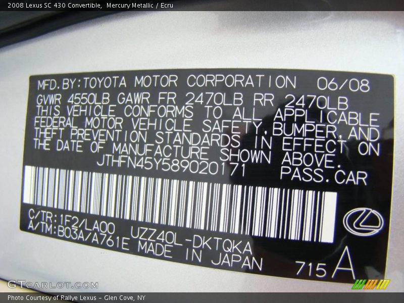 Mercury Metallic / Ecru 2008 Lexus SC 430 Convertible