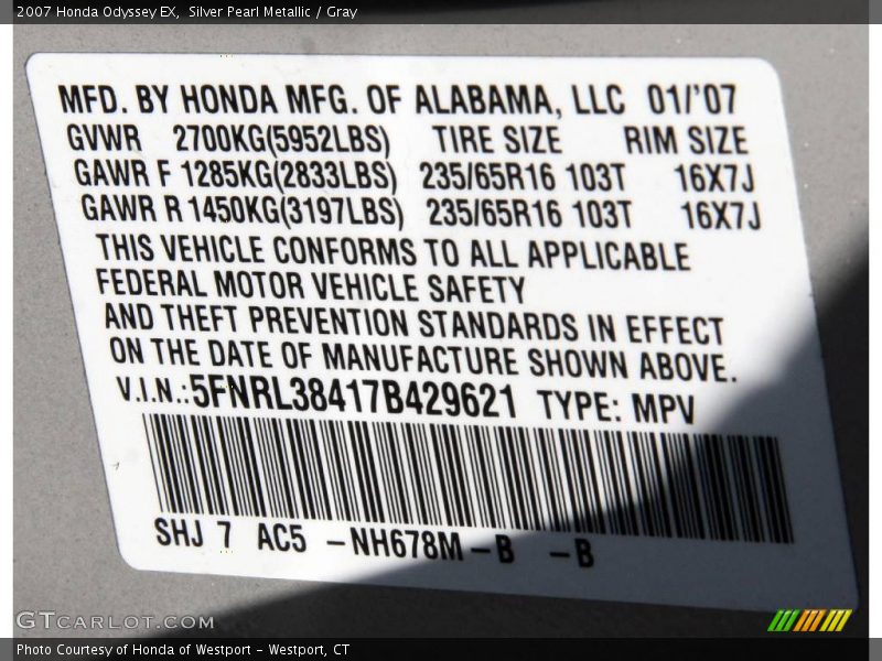 Silver Pearl Metallic / Gray 2007 Honda Odyssey EX