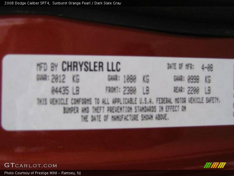 Sunburst Orange Pearl / Dark Slate Gray 2008 Dodge Caliber SRT4