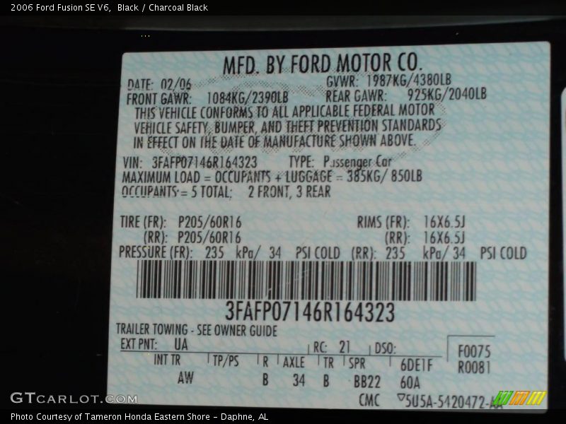 Black / Charcoal Black 2006 Ford Fusion SE V6