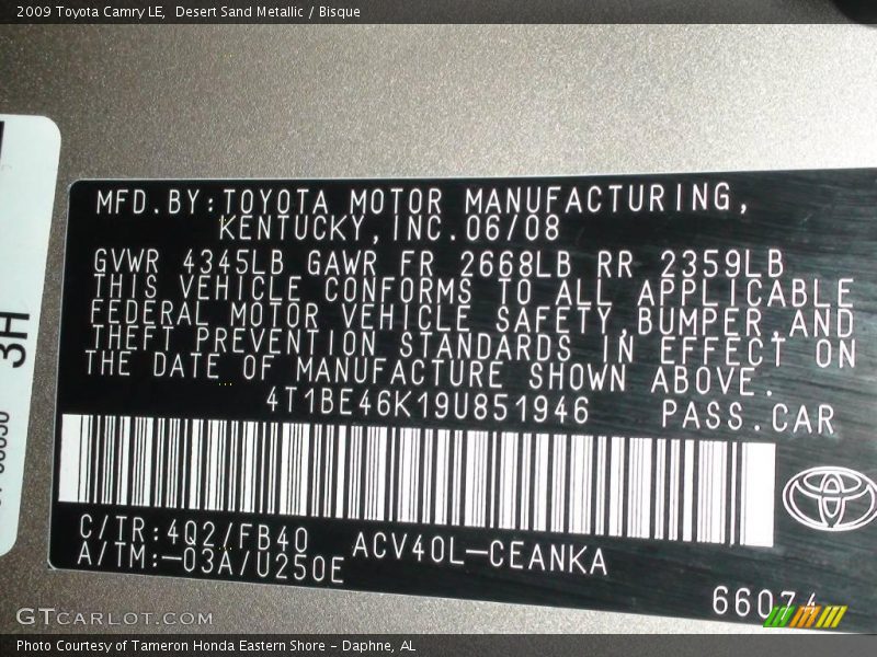 Desert Sand Metallic / Bisque 2009 Toyota Camry LE