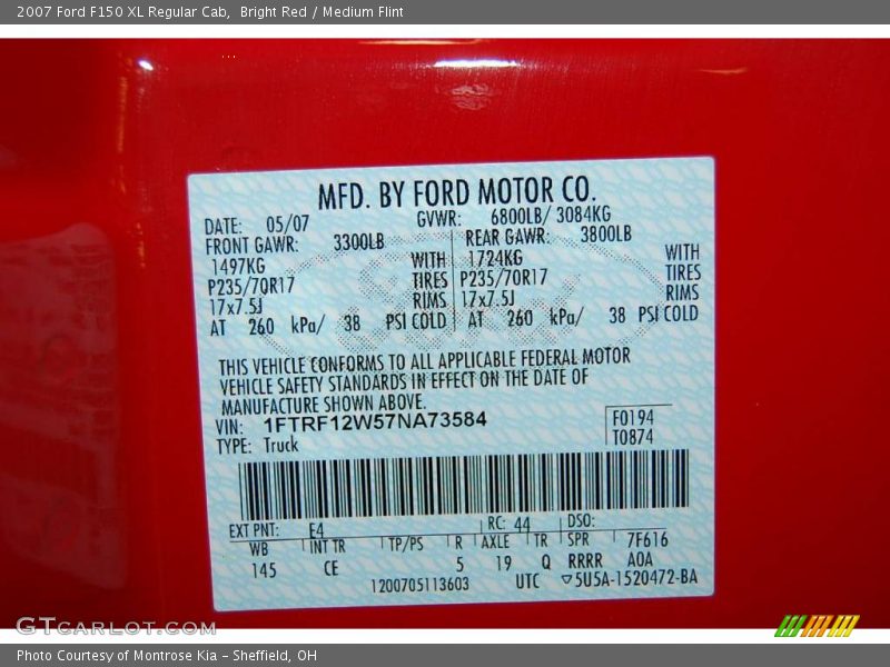Bright Red / Medium Flint 2007 Ford F150 XL Regular Cab