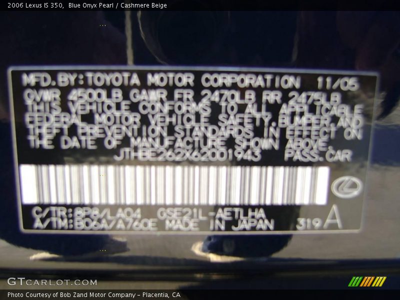 Blue Onyx Pearl / Cashmere Beige 2006 Lexus IS 350