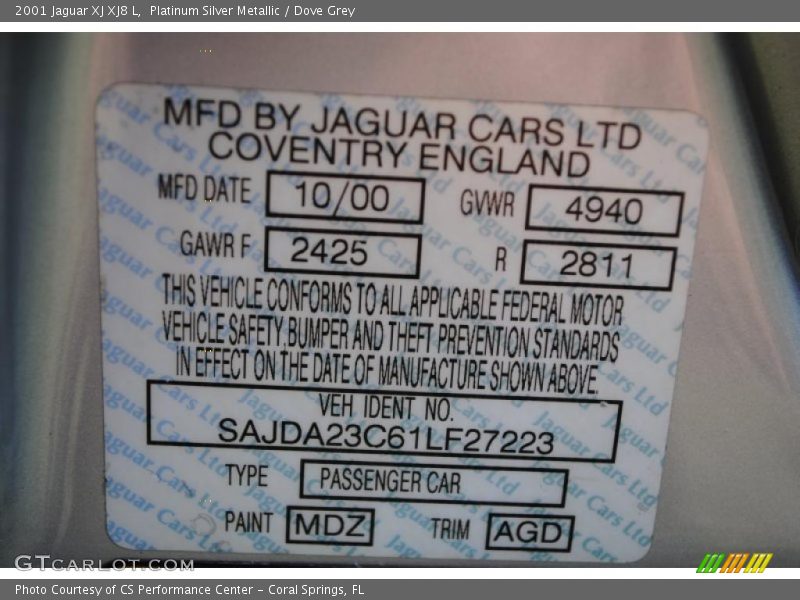 Platinum Silver Metallic / Dove Grey 2001 Jaguar XJ XJ8 L