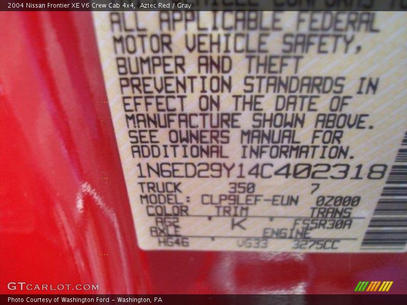 Aztec Red / Gray 2004 Nissan Frontier XE V6 Crew Cab 4x4