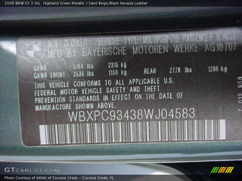 Highland Green Metallic / Sand Beige/Black Nevada Leather 2008 BMW X3 3.0si