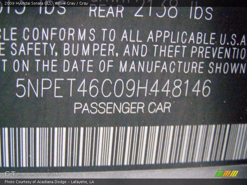 Willow Gray / Gray 2009 Hyundai Sonata GLS