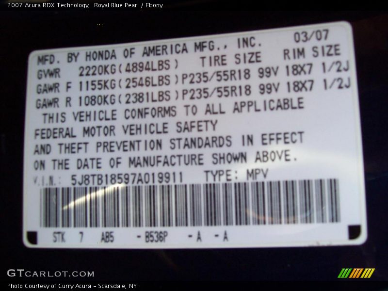 Royal Blue Pearl / Ebony 2007 Acura RDX Technology