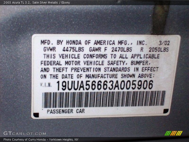 Satin Silver Metallic / Ebony 2003 Acura TL 3.2