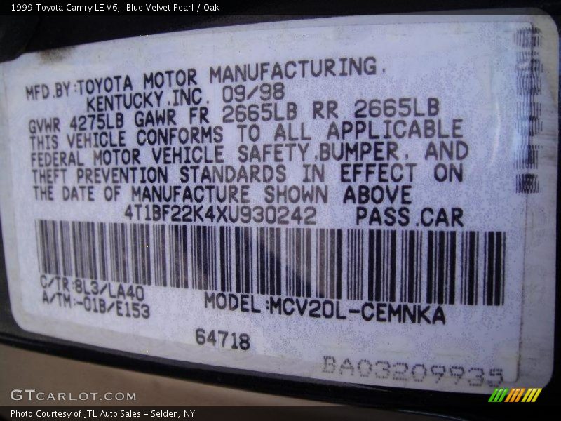 1999 Camry LE V6 Blue Velvet Pearl Color Code 8L3