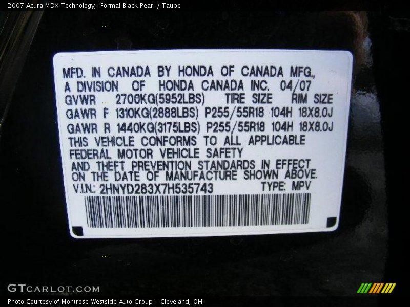 Formal Black Pearl / Taupe 2007 Acura MDX Technology