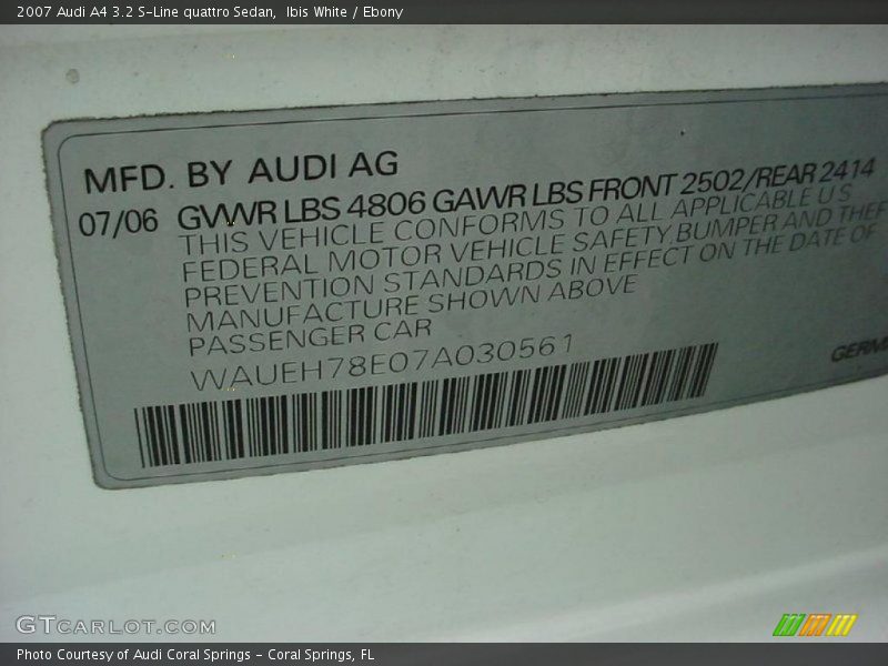 Ibis White / Ebony 2007 Audi A4 3.2 S-Line quattro Sedan