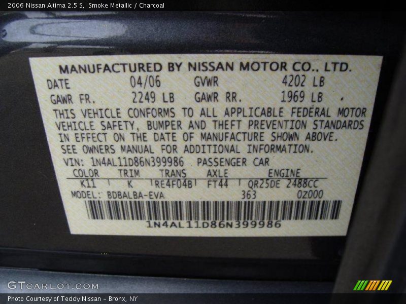 Smoke Metallic / Charcoal 2006 Nissan Altima 2.5 S