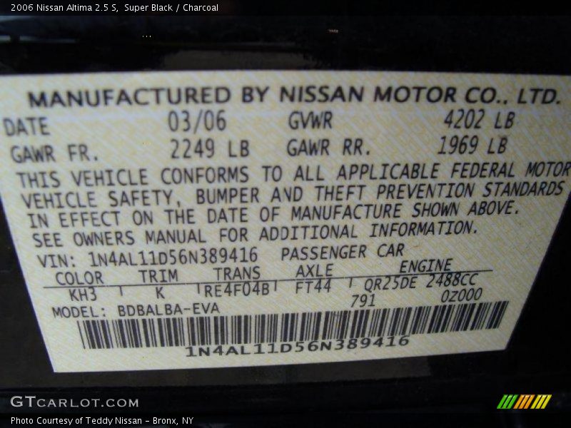 Super Black / Charcoal 2006 Nissan Altima 2.5 S
