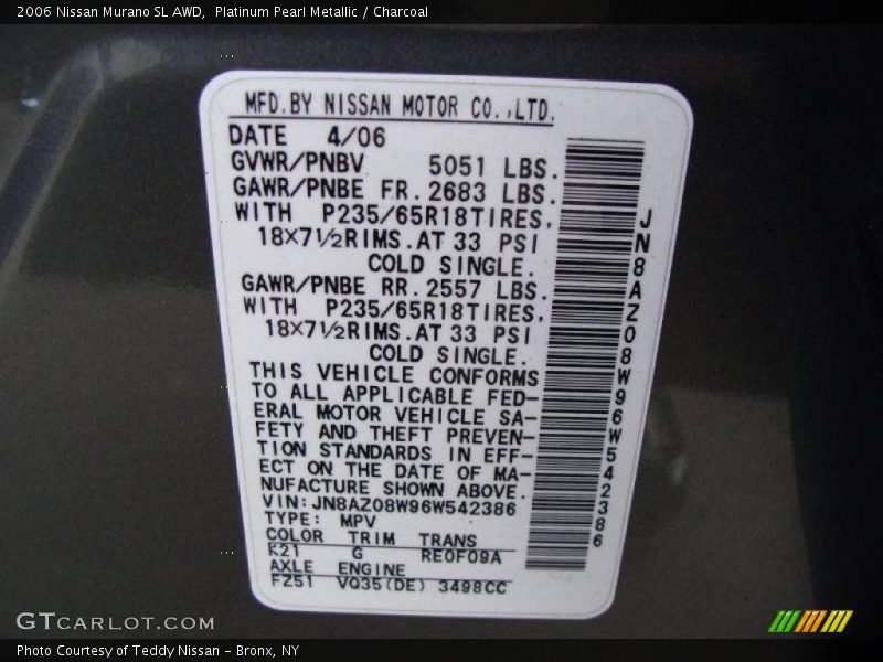 Platinum Pearl Metallic / Charcoal 2006 Nissan Murano SL AWD