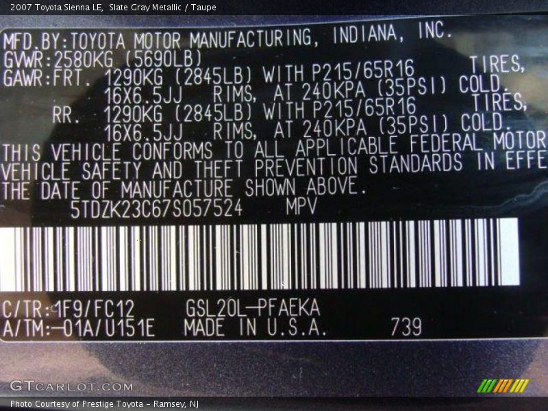 Slate Gray Metallic / Taupe 2007 Toyota Sienna LE