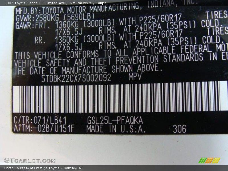 Natural White / Taupe 2007 Toyota Sienna XLE Limited AWD