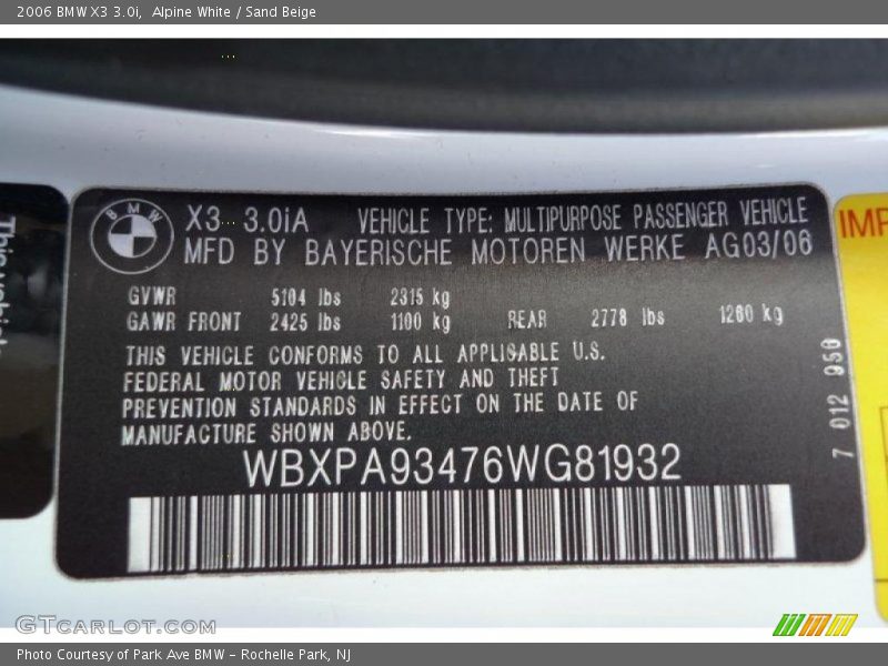 Alpine White / Sand Beige 2006 BMW X3 3.0i