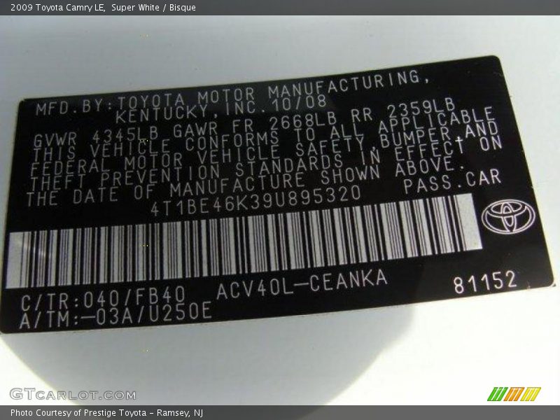 Super White / Bisque 2009 Toyota Camry LE