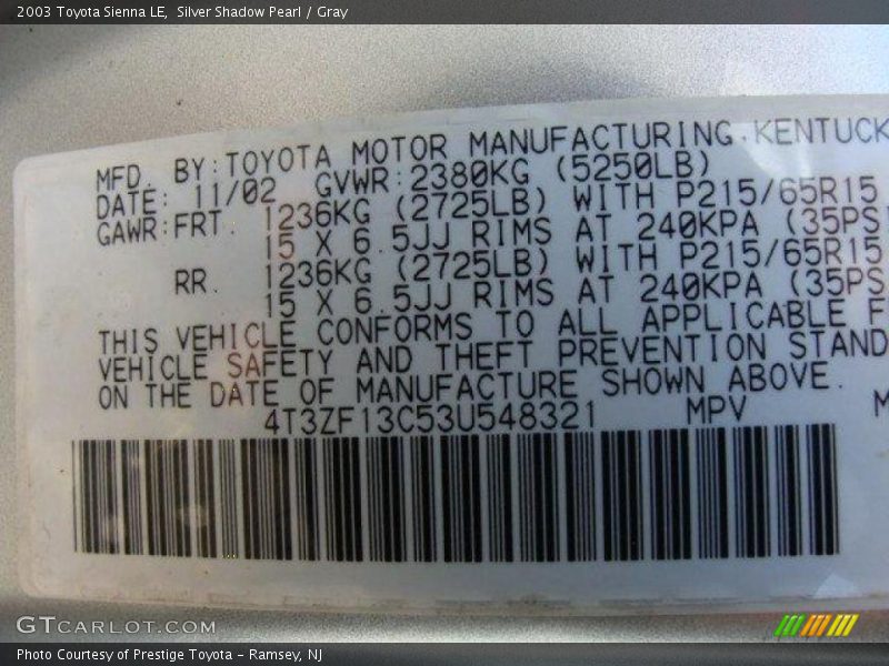 Silver Shadow Pearl / Gray 2003 Toyota Sienna LE