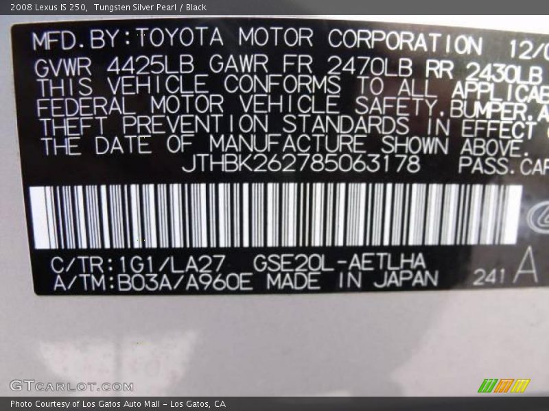 Tungsten Silver Pearl / Black 2008 Lexus IS 250