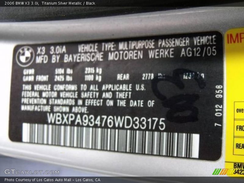 Titanium Silver Metallic / Black 2006 BMW X3 3.0i