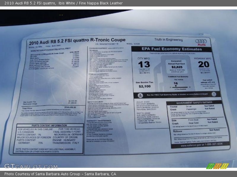 Ibis White / Fine Nappa Black Leather 2010 Audi R8 5.2 FSI quattro