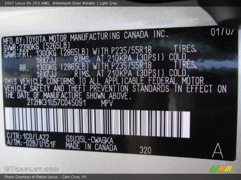 Millennium Silver Metallic / Light Gray 2007 Lexus RX 350 AWD