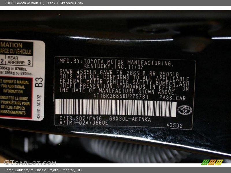 Black / Graphite Gray 2008 Toyota Avalon XL