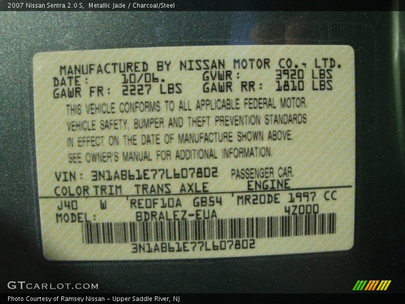 Metallic Jade / Charcoal/Steel 2007 Nissan Sentra 2.0 S