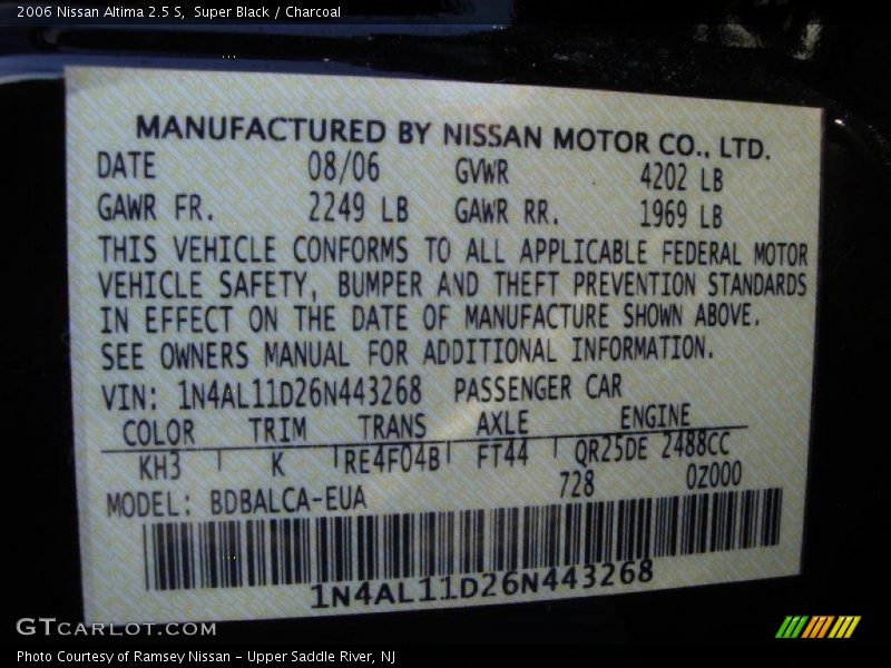 Super Black / Charcoal 2006 Nissan Altima 2.5 S