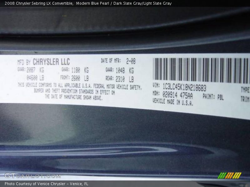 Modern Blue Pearl / Dark Slate Gray/Light Slate Gray 2008 Chrysler Sebring LX Convertible