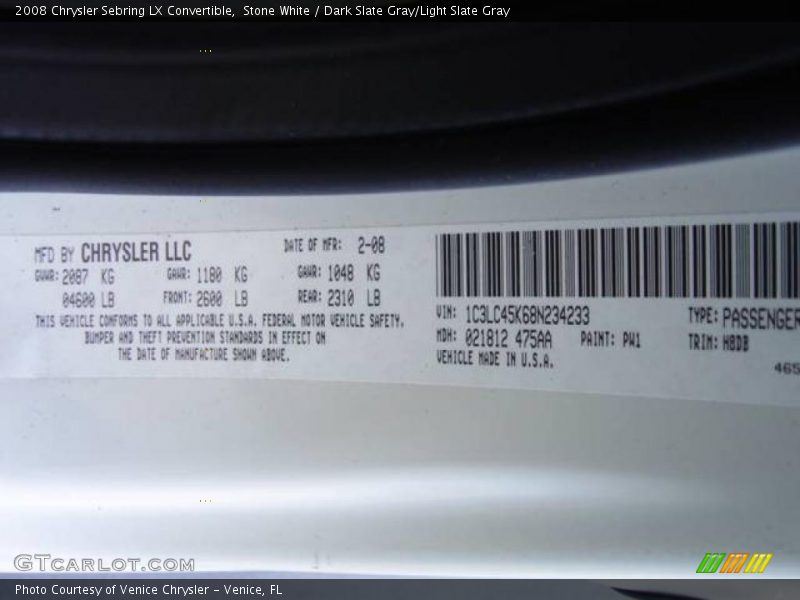 Stone White / Dark Slate Gray/Light Slate Gray 2008 Chrysler Sebring LX Convertible