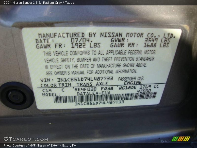 Radium Gray / Taupe 2004 Nissan Sentra 1.8 S