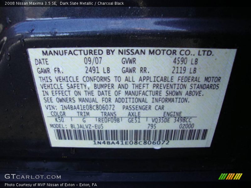 Dark Slate Metallic / Charcoal Black 2008 Nissan Maxima 3.5 SE