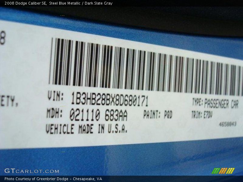 Steel Blue Metallic / Dark Slate Gray 2008 Dodge Caliber SE