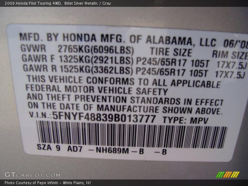 Billet Silver Metallic / Gray 2009 Honda Pilot Touring 4WD