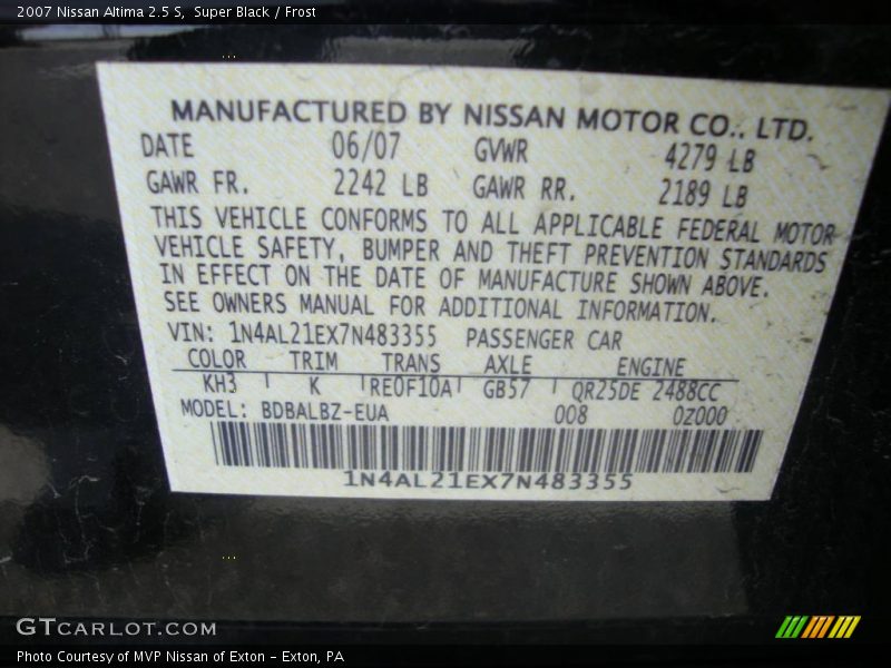 Super Black / Frost 2007 Nissan Altima 2.5 S