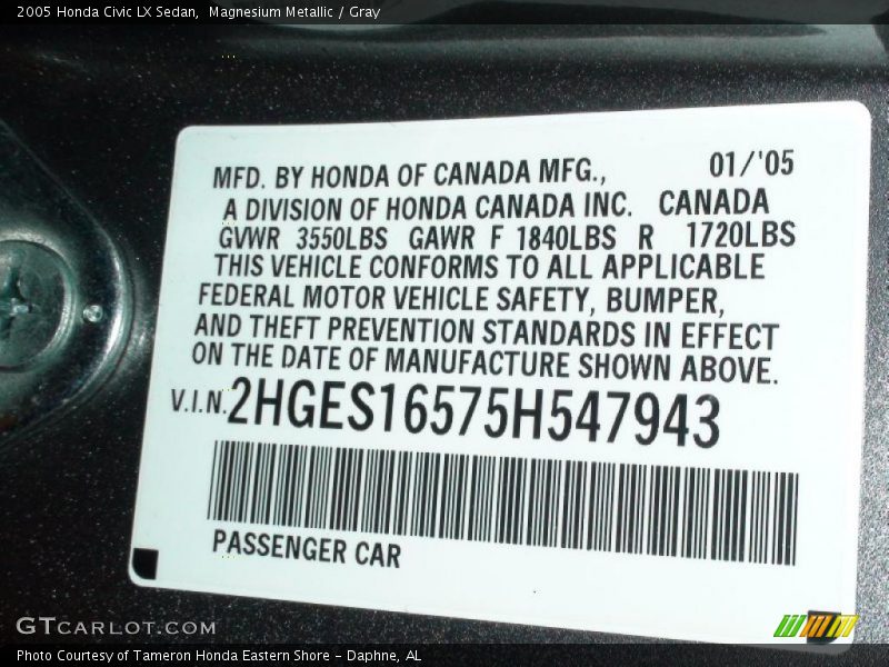 Magnesium Metallic / Gray 2005 Honda Civic LX Sedan