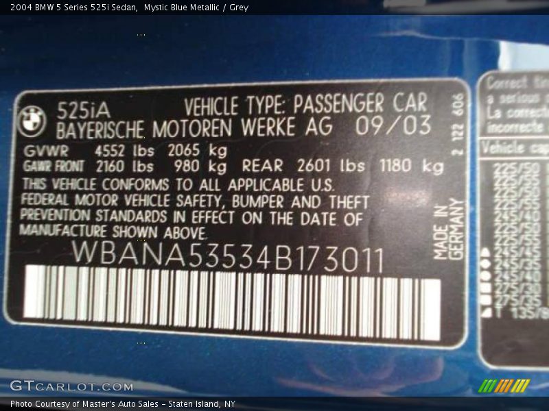 Mystic Blue Metallic / Grey 2004 BMW 5 Series 525i Sedan