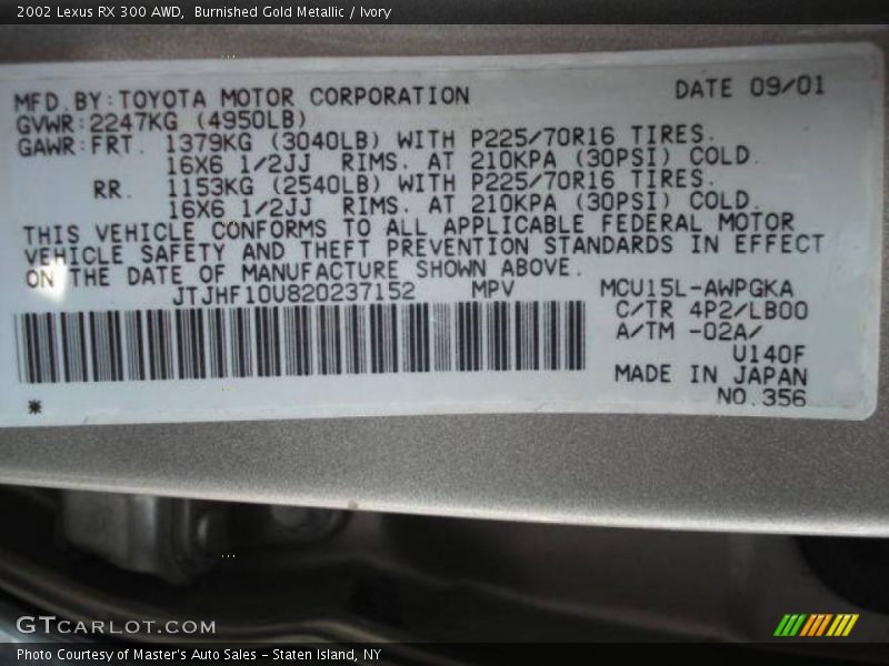 Burnished Gold Metallic / Ivory 2002 Lexus RX 300 AWD
