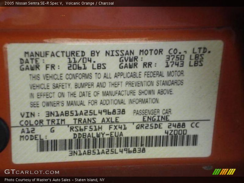 Volcanic Orange / Charcoal 2005 Nissan Sentra SE-R Spec V